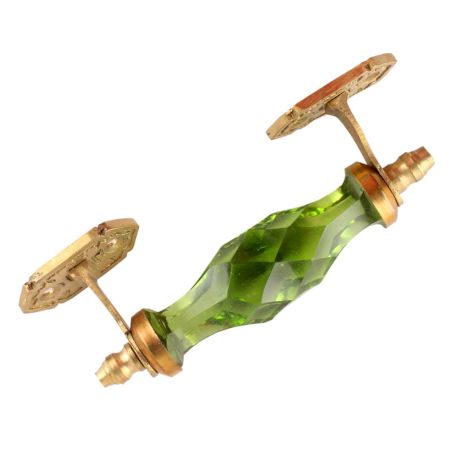 Smokey Green Cut Glass Door Handle in Golden Fitting